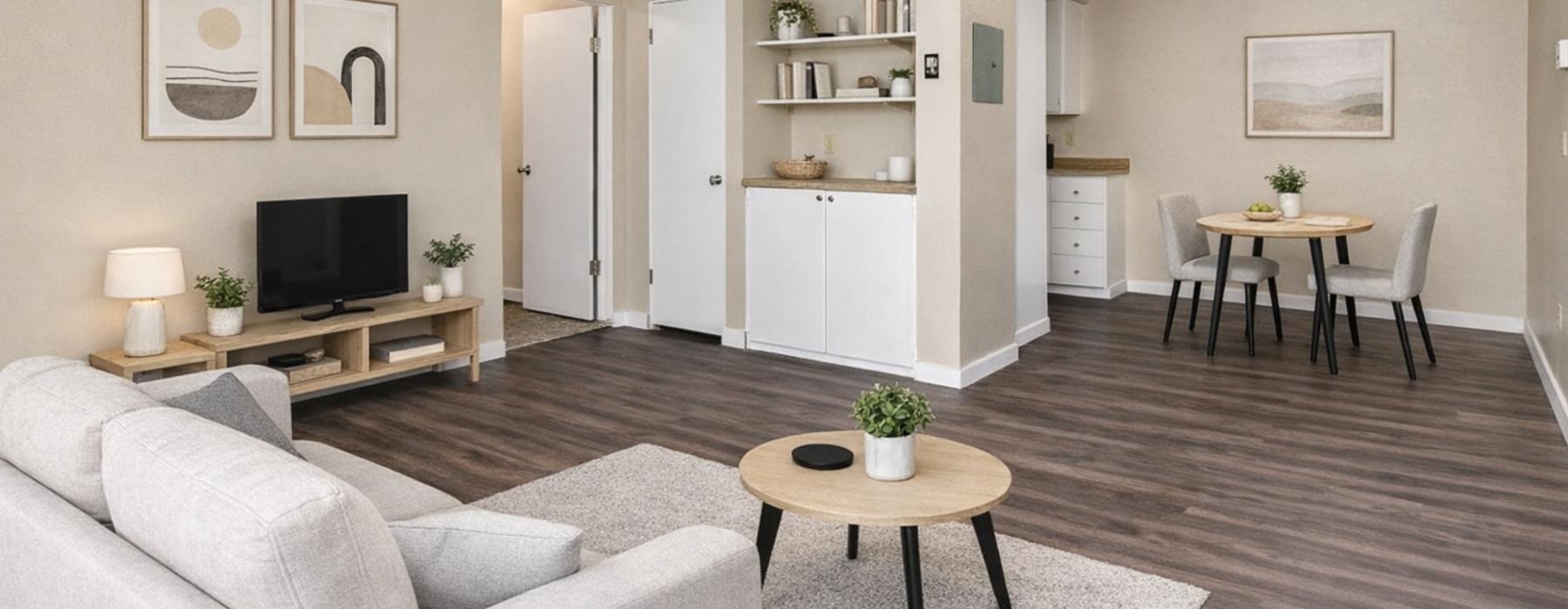 a living room with a couch coffee table and tv