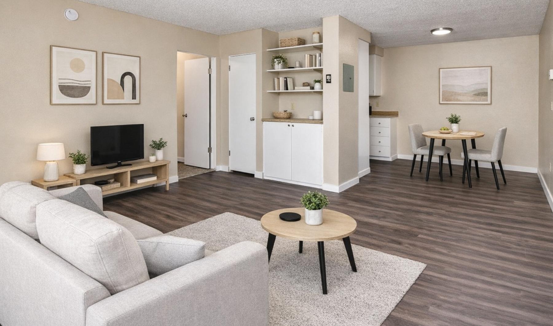 a living room with a couch coffee table and tv