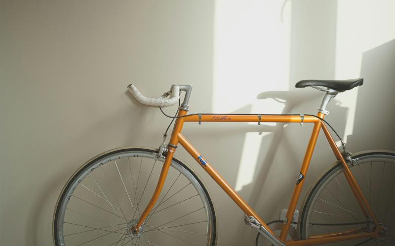 a bicycle parked in a room